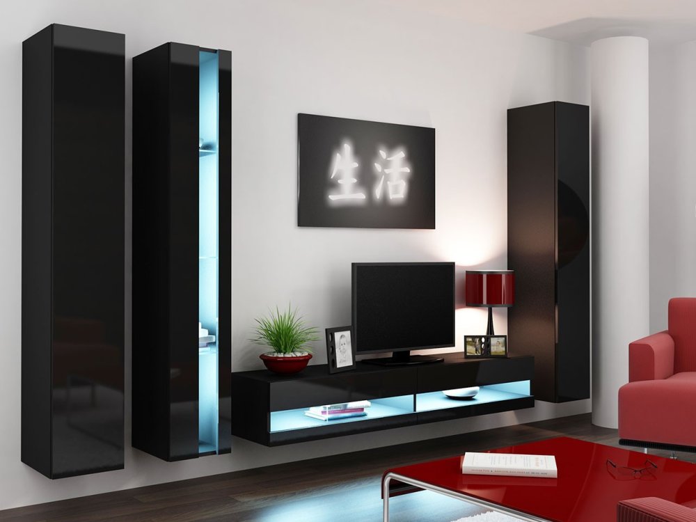 Veneti Stena do obývacej izby s LED modrým osvetlením ASHTON N7 - čierna / lesklá čierna